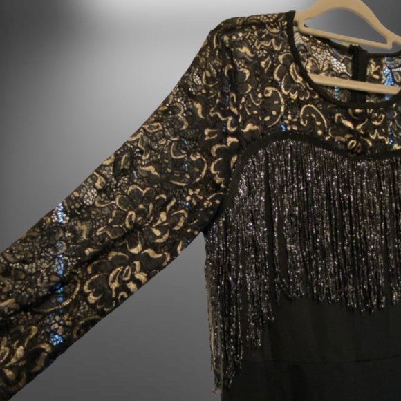 Shein Long Black Dress with Sweetheart Fringe and Gold/Black Lace Sleeves - Picture 4 of 6